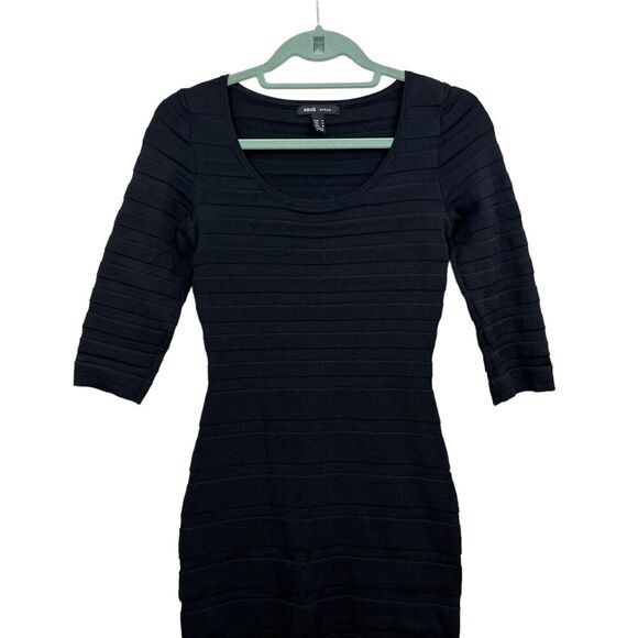 MNG Basics Bodycon Dress Stretch Scoop Neck Ribbed 3/4 Sleeve Black Women Size S - Picture 2 of 5